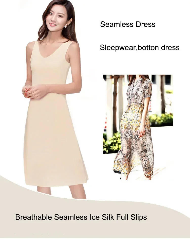 Description Picture 2 of itemM-5XL Plus Size Full Slips Dresses For Women Summer Thin Seamless Ice Silk Petticoat Underskirt Sleeveless Underwear Dress Slips