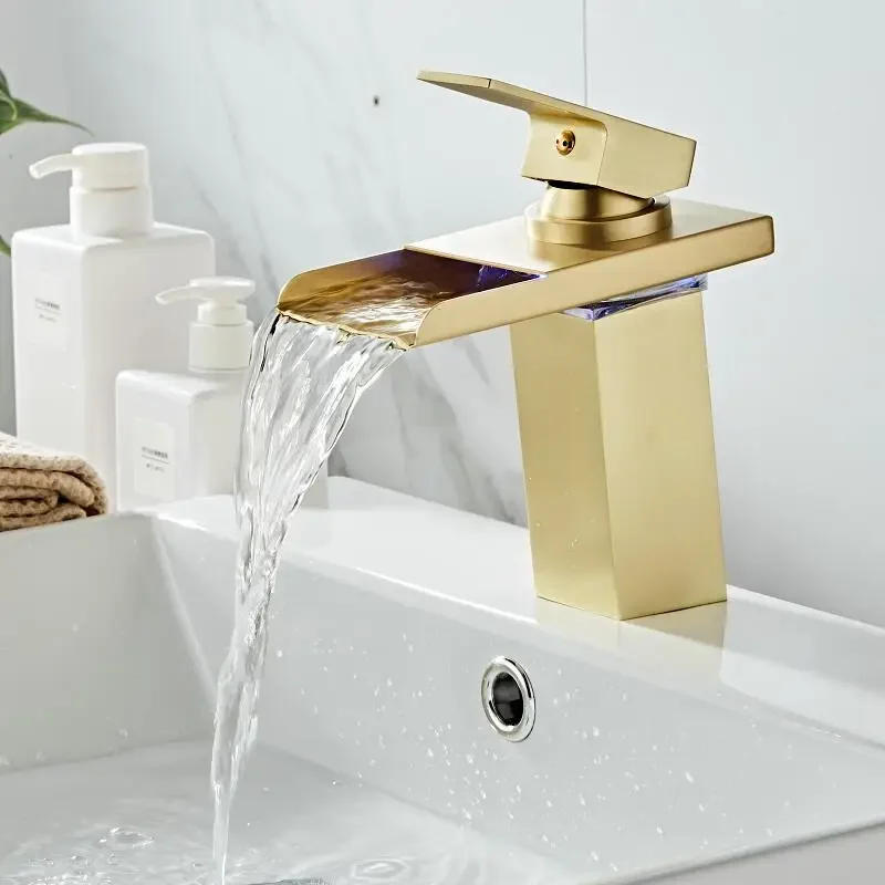 Description Picture 5 of itemBathroom Waterfall Faucet LED Faucet Brushed Gold Brass Basin  Bathroom Mixer Tap Deck Mounted Basin Sink Mixer Tap