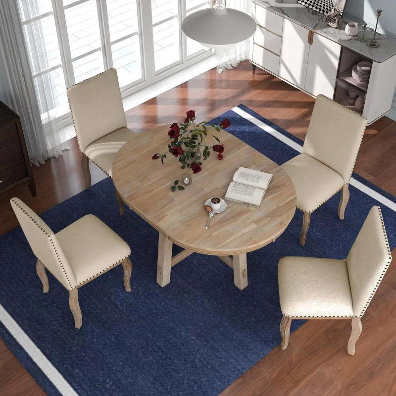Description Picture 3 of item5 Piece Round Farmhouse Wood Dining Table Set with 4 Upholstered Chairs,Extendable Restaurant Furniture,for Kitchen Dinette
