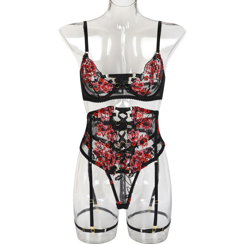 Description Picture 5 of itemEllolace Sensual Lingerie Sexy Embroidery Bandage Breves Sets Garters Briefs Luxury 3-Piece Whuta Hot Erotic Delicate Underwear