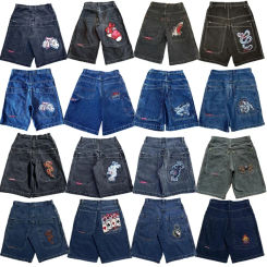 Harajuku JNCO baggy Denim Shorts Y2K Embroidered pattern Hip Hop Streetwear Men Vintage Summer Women fashion Basketball Shorts