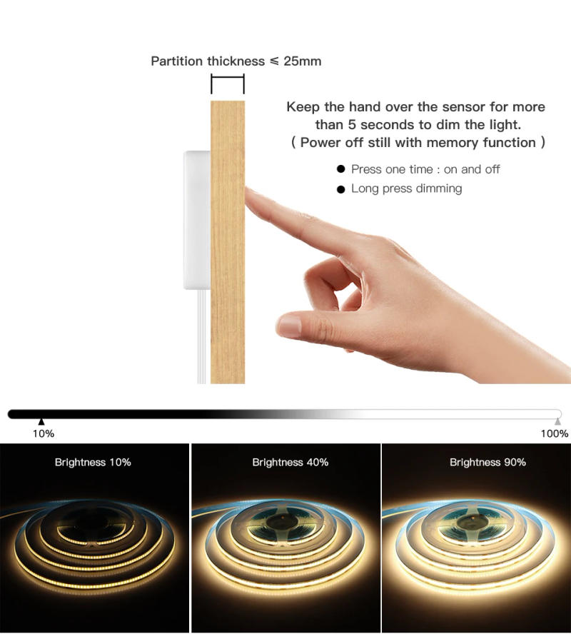 Description Picture 6 of itemDimmable USB Led COB Strip 5V LED Under Cabinet Light Penetrable Wood Mirror Hand Scan Touch Sensor Switch DIY Kitchen Lighting