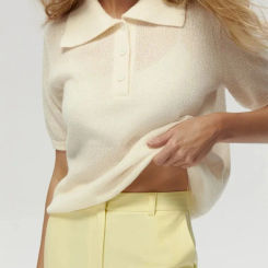 DFCF 2025 Summer Polo Collar Hollow Knitted Short Sleeved Sweater Women Bubble Sleeve T Shirt Female Knitted Sweater Pullovers