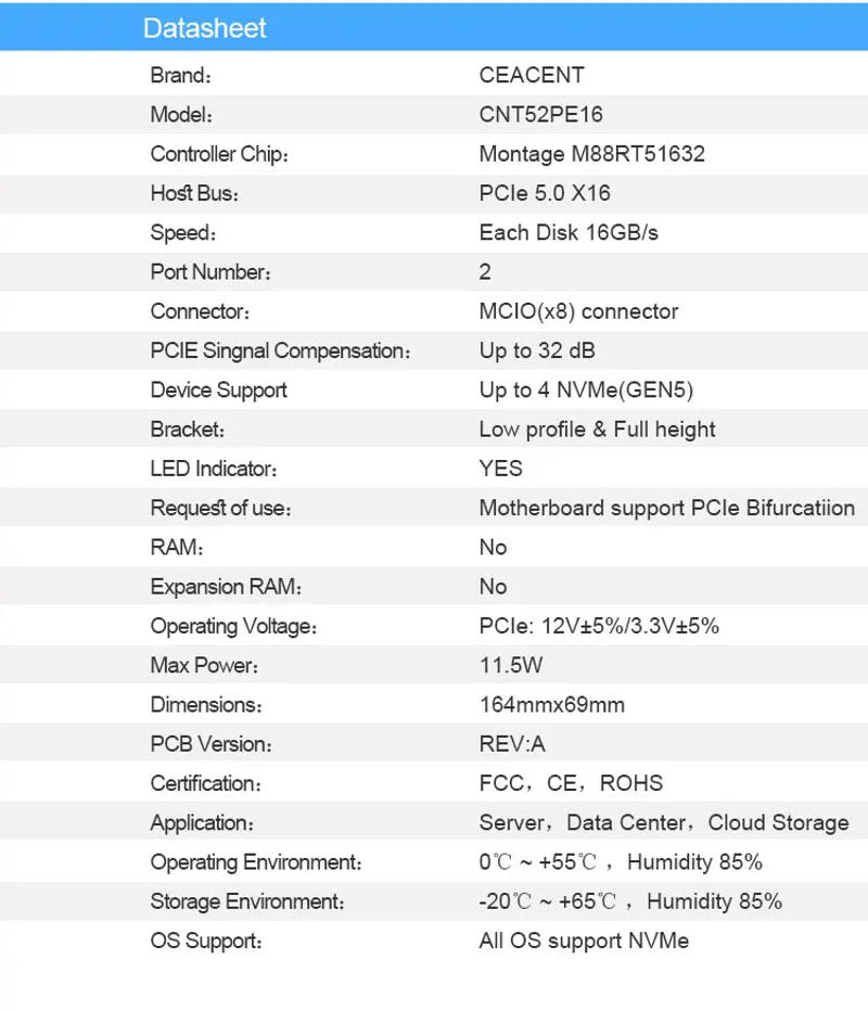 Description Picture 4 of itemCEACENT CNT52PE16 PCIe5.0 Retimer NVMe Adapter, Two x8 MCIO Connector, PCIe 5.0 x16 Enabled NVMe Gen5.0 SSD or PCIe 5.0 Device