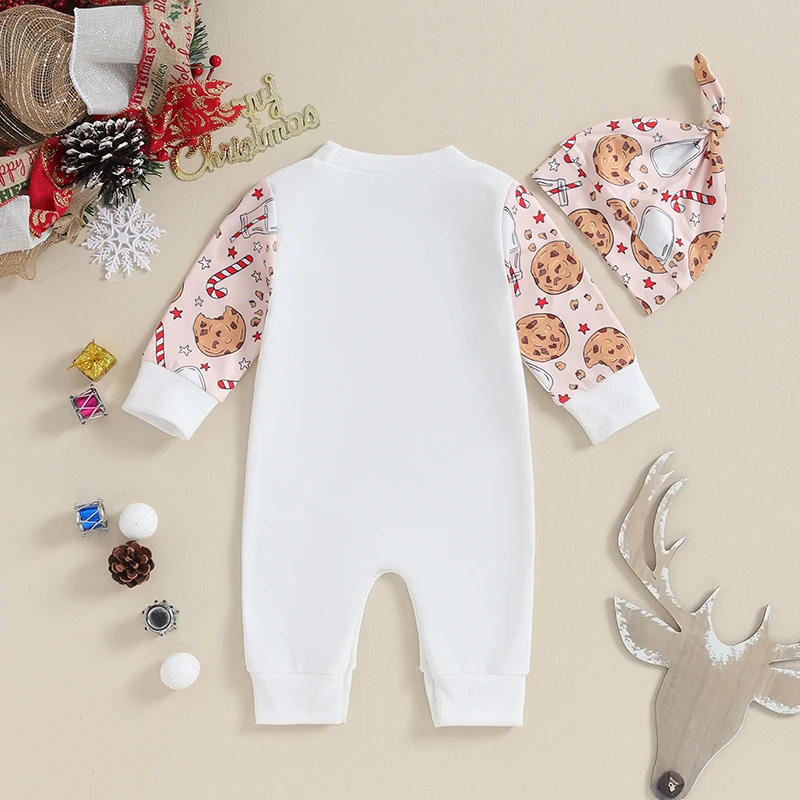 Description Picture 3 of itemBaby Girls Boys Sweatshirts Rompers Christmas Clothes Letter Cartoon Print Long Sleeve Jumpsuits Toddler Fall Bodysuits with Hat