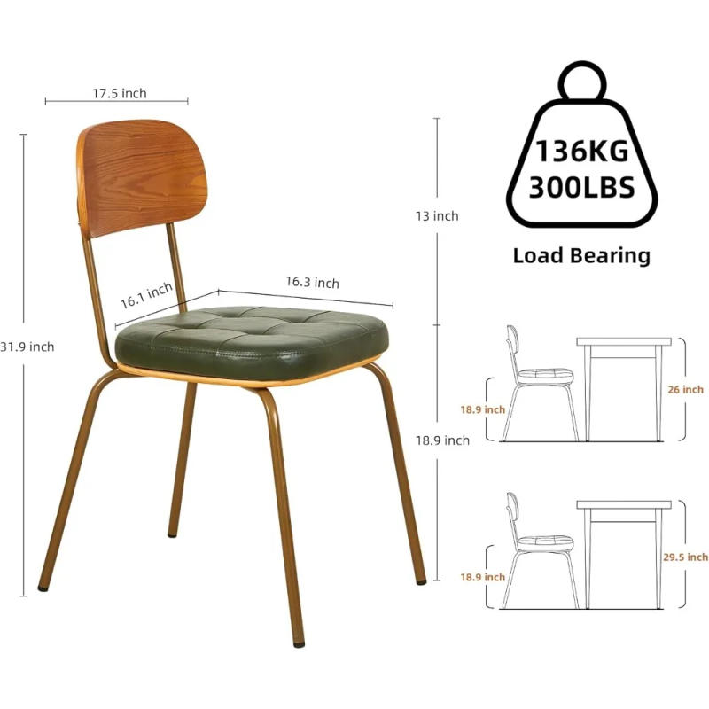 Description Picture 3 of itemmid Century Modern Retro Faux Leather Dining Chairs Set of 2, Upholstered Seat Solid Wood backrests Metal Plated Legs