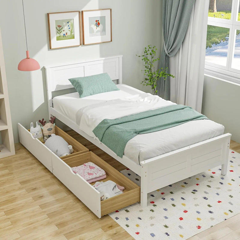 Description Picture 2 of itemWood Twin Bed with 2 Storage Drawers Solid Wood Platform Bed with Headboard Wooden Slats Support Mattress Foundation