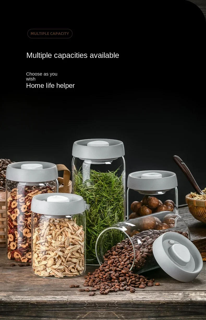 Description Picture 4 of itemGlass Jar Airtight Canister Food Container Tea Vacuum Sealed Coffee Beans Storage Bottles Creative Home Kitchen Jar Glass Tanks