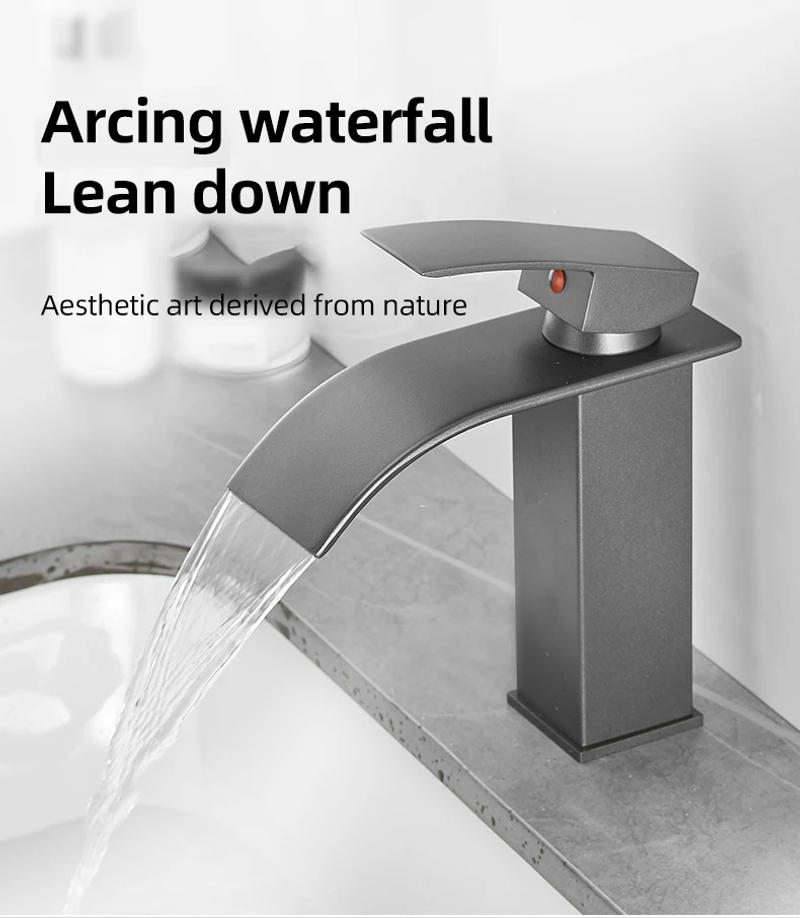 Description Picture 3 of itemBathroom Faucet Basin Hot And Cold Water Mixer Vanity Tap Gun Grey Finish Deck Mount Sink Mixer Waterfall Washbasin Tap