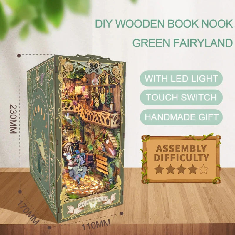 Description Picture 4 of itemNEW Creative DIY Wooden Book Nook Shelf Insert Miniature Kits, Green Fairyland Bookshelf Home Bookend Decor Adult Handmade Gifts