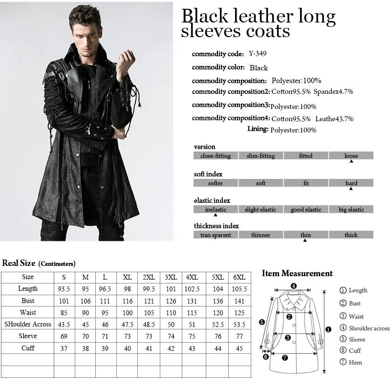 Description Picture 3 of itemPUNK RAVE Men's Punk Style Military Jackets Faux Leather Slit Unisex Gothic Retro Men Long Coats Autumn Winter Black & Red