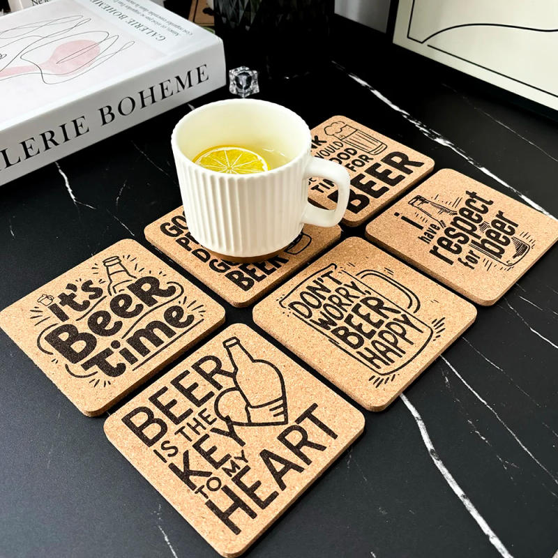 Description Picture 2 of item6pcs/Set Square Cork Coaster Engraved Beer Design Pattern Tea Coffee Mug Drinks Holder for Kitchen Natural Wooden Mat Tableware