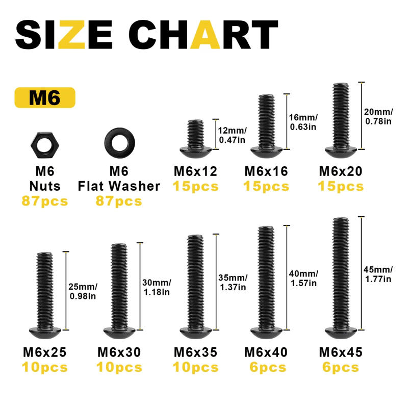 Description Picture 3 of item261Pcs M6 Push-Button Hex Screw, Black Oxide, Allen Drive, Hex Screw, Nut, Washer Sorting Kit, For Wood, Bicycle Repair