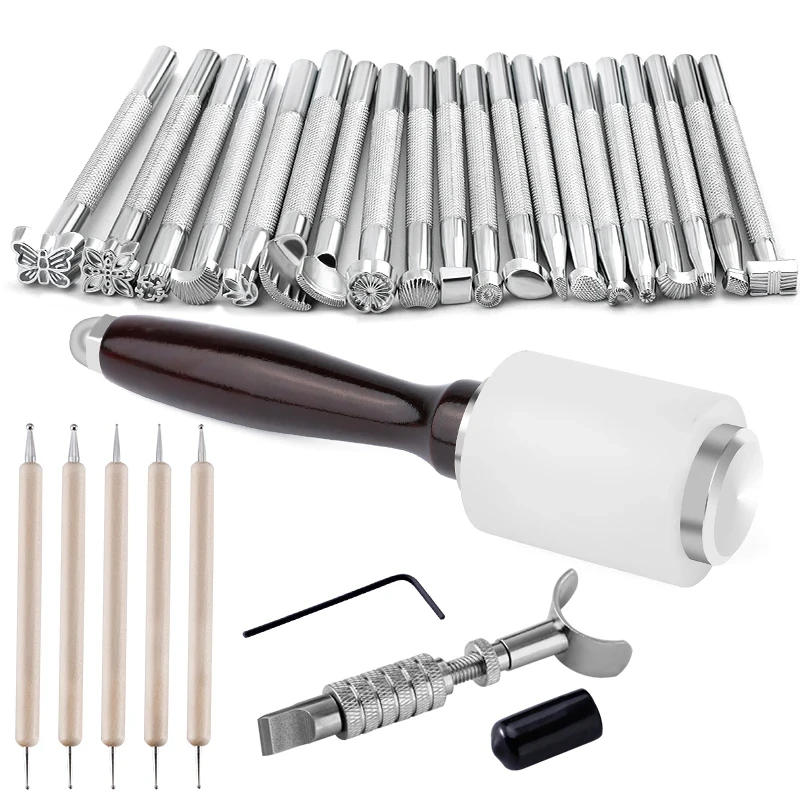 Description Picture 2 of itemWooden Handle Hammer Different Shape Leather Stamping Tools Kit Rotary Cutting Knife Point Drill Pen Leathercraft Tools Set