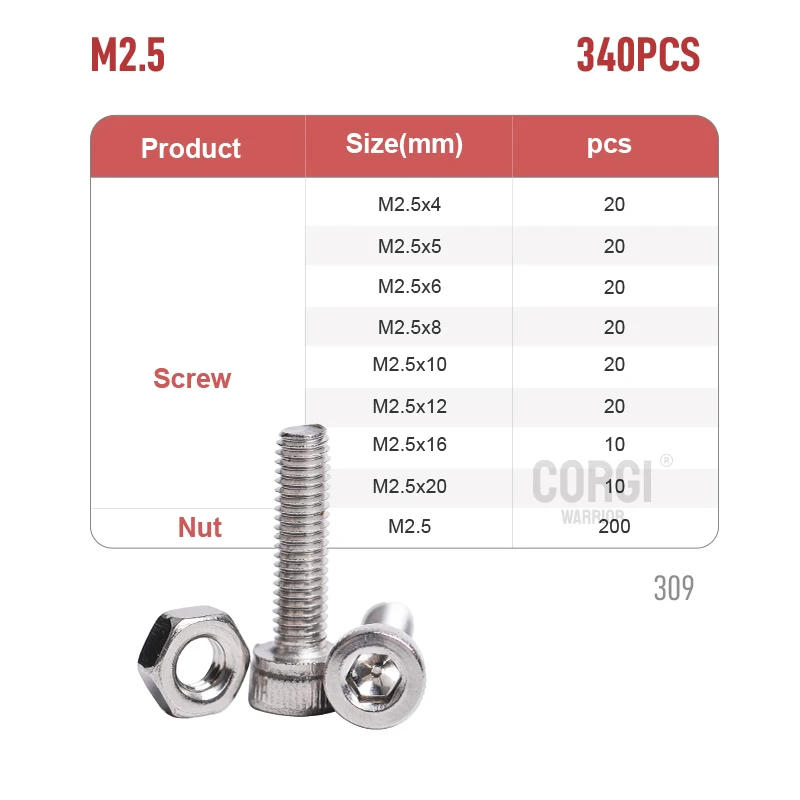 Description Picture 4 of itemHex Socket Head Cap Screws Assortment up to 720pcs M2 M2.5 M3 M4 M5 DIN912 Stainless Steel Metric Allen Bolts Nuts Kit with Case
