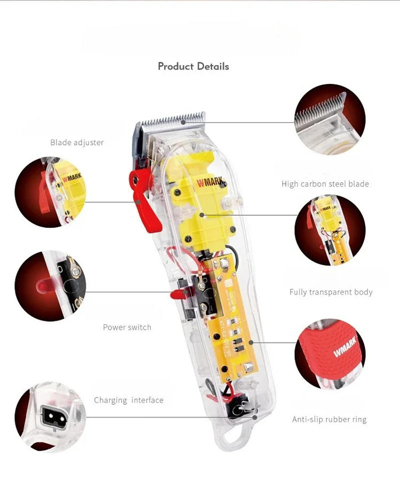 Description Picture 4 of itemNEW Transparent Hair Trimmers WMARK NG-108A Rechargeable Hair Cutting Machine with Non-slip Cover Hair Clippers