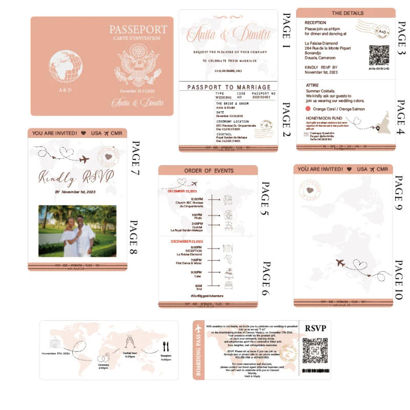 Description Picture 3 of item30/60PCS Multipage Wedding Passport Invitation Suite,Custom Boarding Pass, Personalized Destination Birthday Party Invite Card