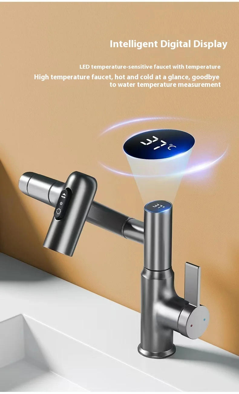 Description Picture 4 of itemRotatable Brass Bathroom Faucet Temperature Display 3 Water Modes Luxury Sink Hot and Cold Water Tap Sink Bath Mixer Accessories