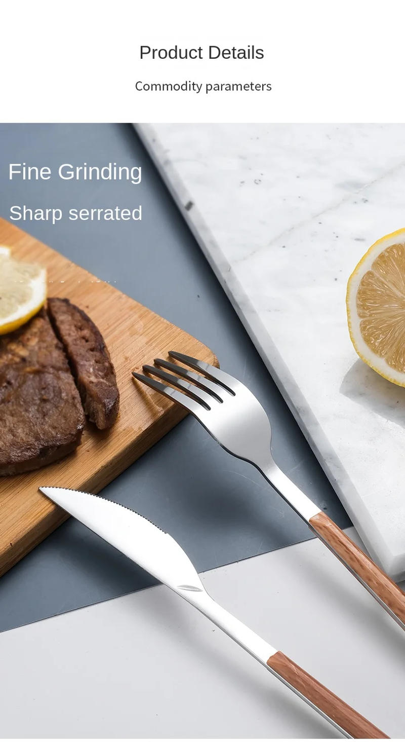 Description Picture 6 of item30pcs Stainless Steel Imitation Wooden Handle Cutlery Set Dinnerware Clamp Western Tableware Knife Fork Tea Spoon