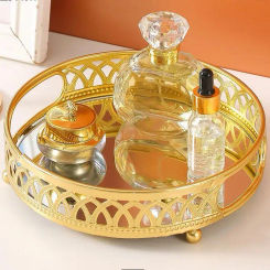 Metal Round Storage Tray Living Room Cosmetics Remote Control Tissue Box Nordic Luxury Decor Ornaments Mirror