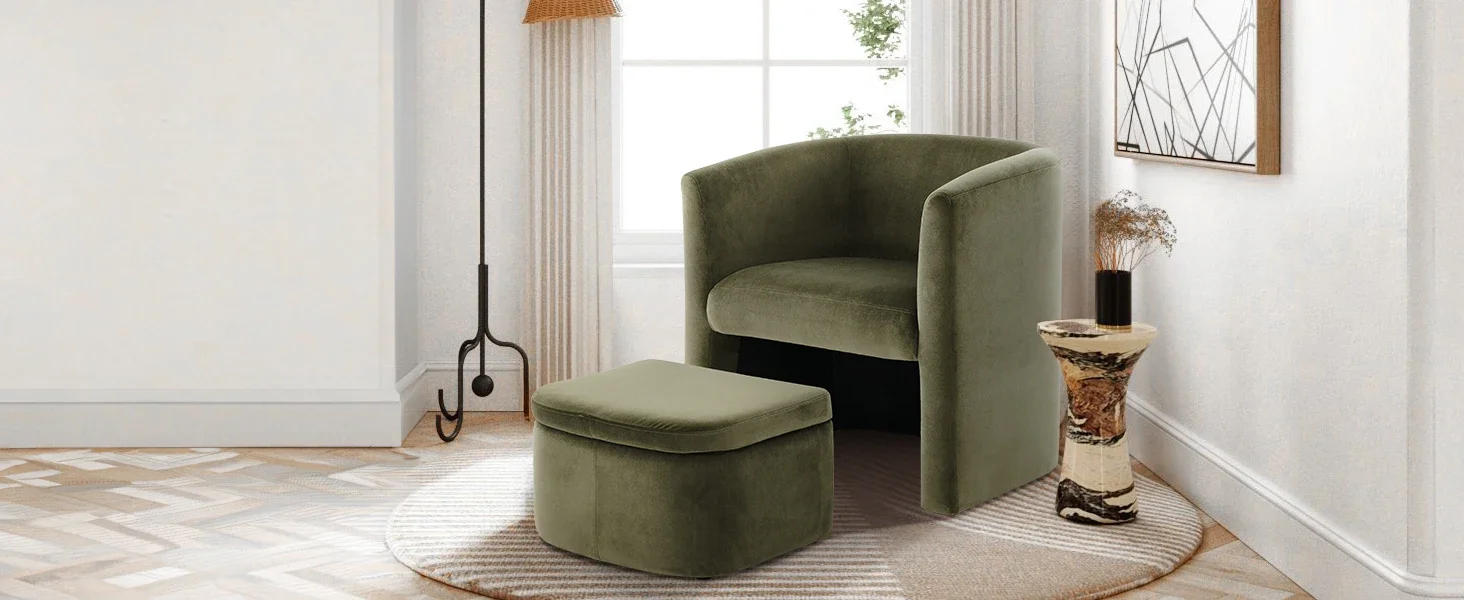 Description Picture 4 of itemUpholstered Velvet Barrel Accent Chair with Storage Ottoman, Morden Living Room Side Chair,Single Sofa Armchair with Lounge Seat