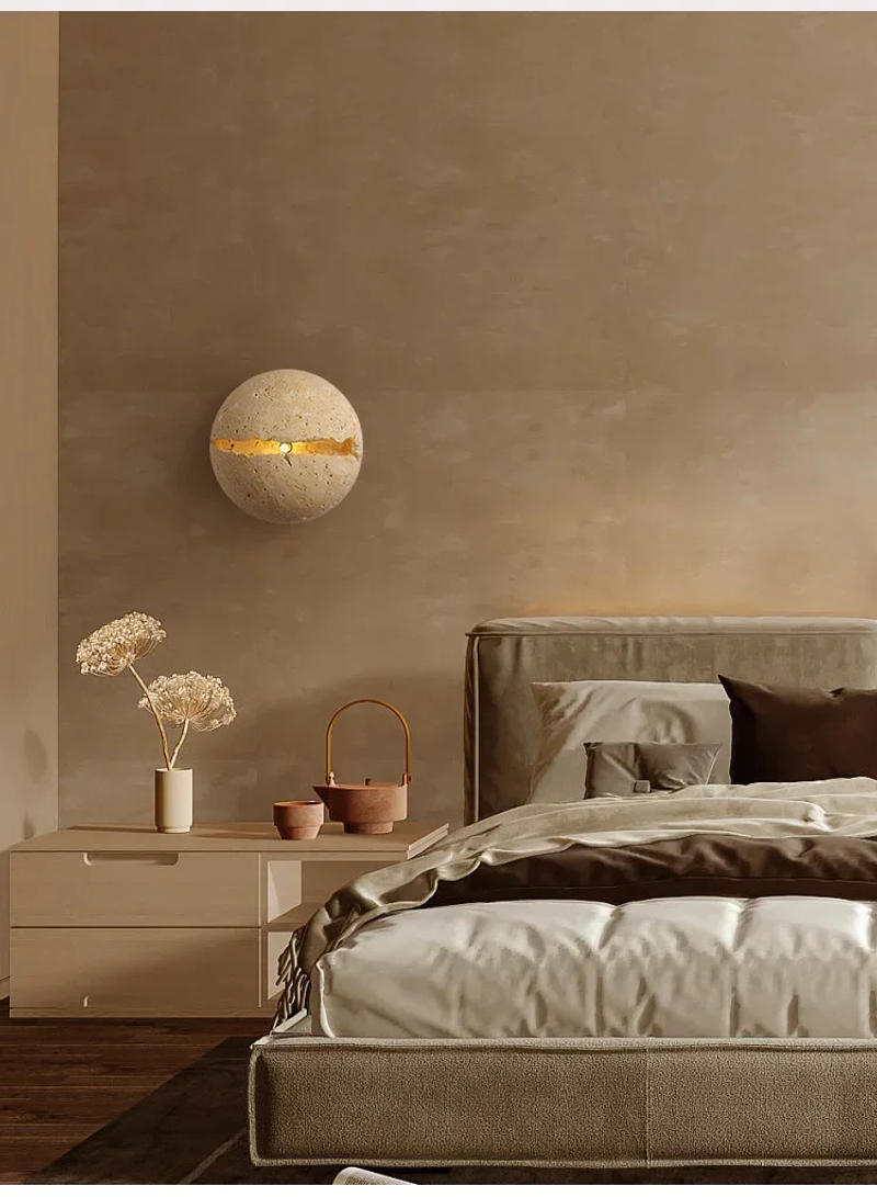 Description Picture 3 of itemRound Retro Dinosaur Egg Shape Natural Stone Art Wall Lamp Yellow Travertine Hemisphere Atmosphere Corridor Light Wall Sconces