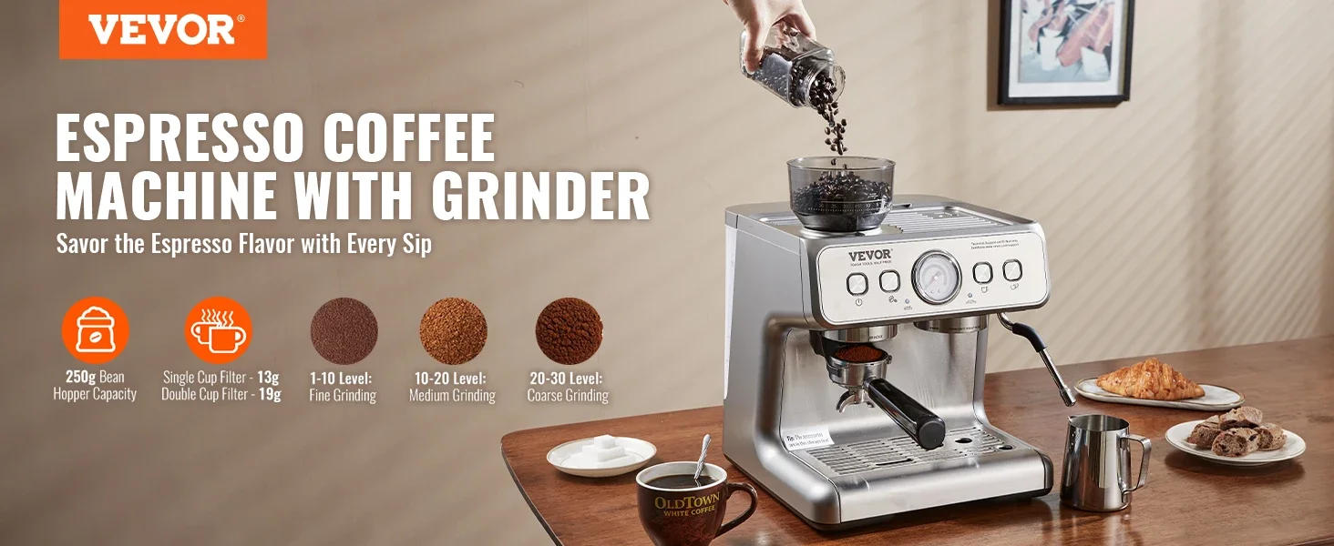 Description Picture 4 of itemMachine- Built in Grinder, 15 Bar Semi-Automatic Espresso Coffee Maker & Milk Frother Steam Wand for Latte and Ca