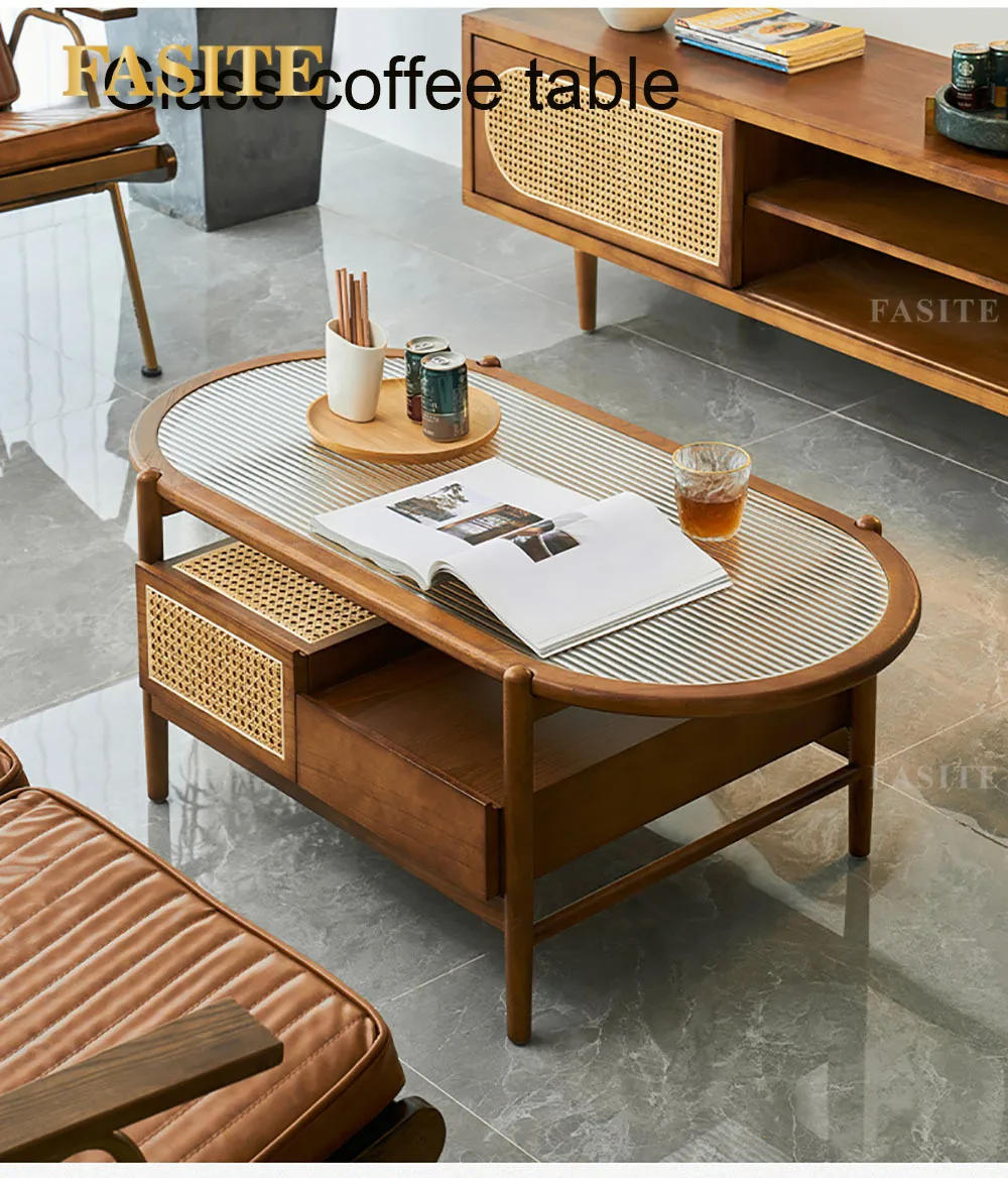 Description Picture 3 of itemNew Living Room Tea Table Oval Japanese Tea Table Household Mortise And Tenon Structure Ash Wood Rattan Woven Solid Safe Odor