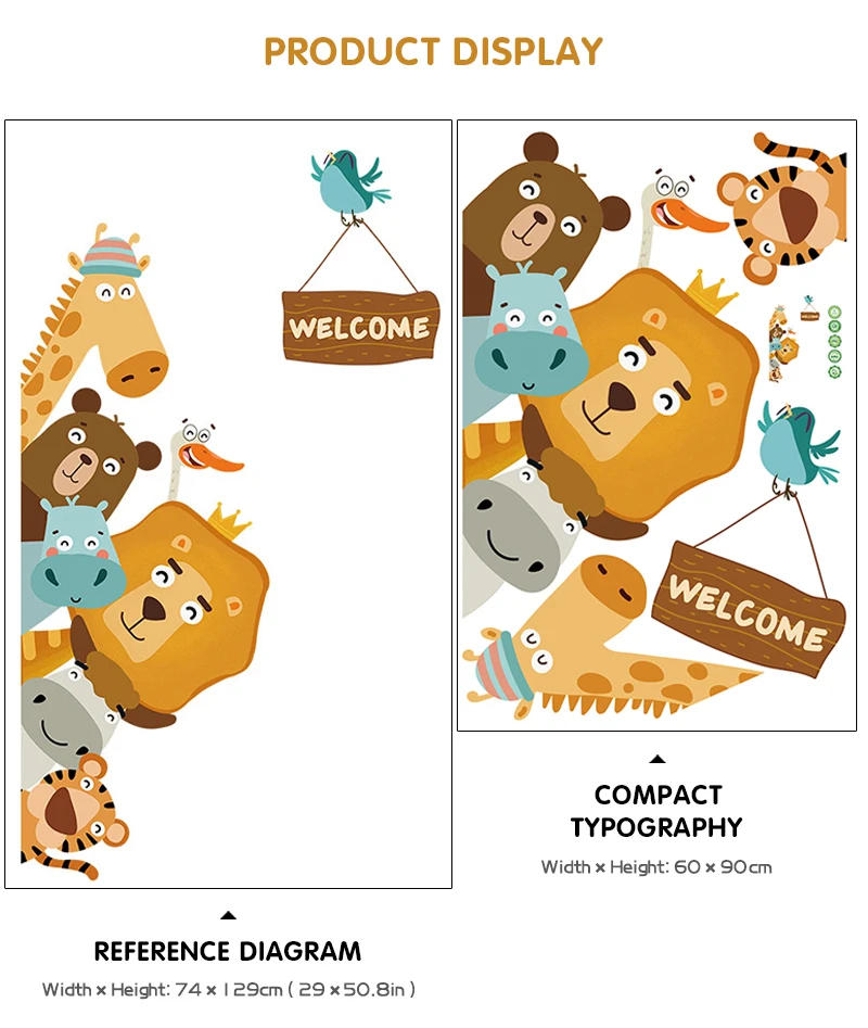 Description Picture 5 of itemCartoon Animals Wall Stickers For Kids Rooms Door Sticker Baby Child Bedroom Corner Wall Decoration Home Decor Self-adhesive