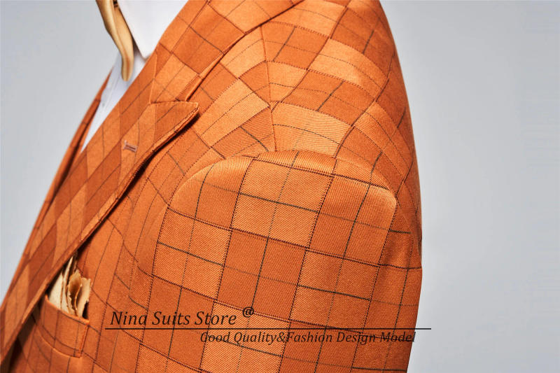 Description Picture 5 of itemG&N Burnt Orange Plaid Pattern Men Costume 2024 Tailor-made Single Breasted Suits of Man Waistcost in Double Breasted Style Suit