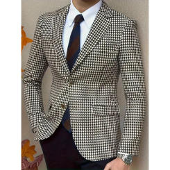 Business Style Men's Plaid Pattern Design Single Breasted Linen Blazer Jacket, Lapel Collar Regular Fit Leisure Party Dress Coat