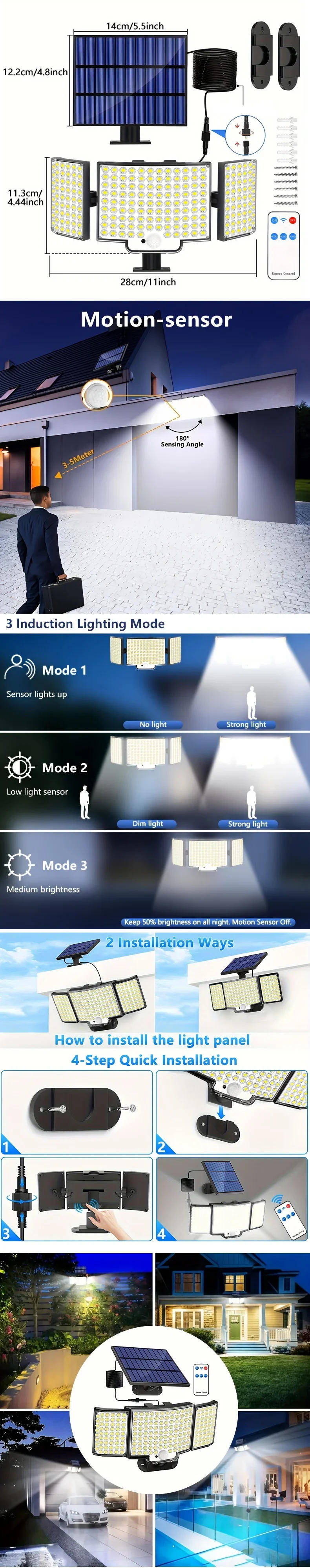 Description Picture 5 of item1-2 Pcs Solar Light Motion Sensor Outdoor Lighting Waterproof Super Bright LED Wall Lamp Remote Street Lights Garden Courtyard