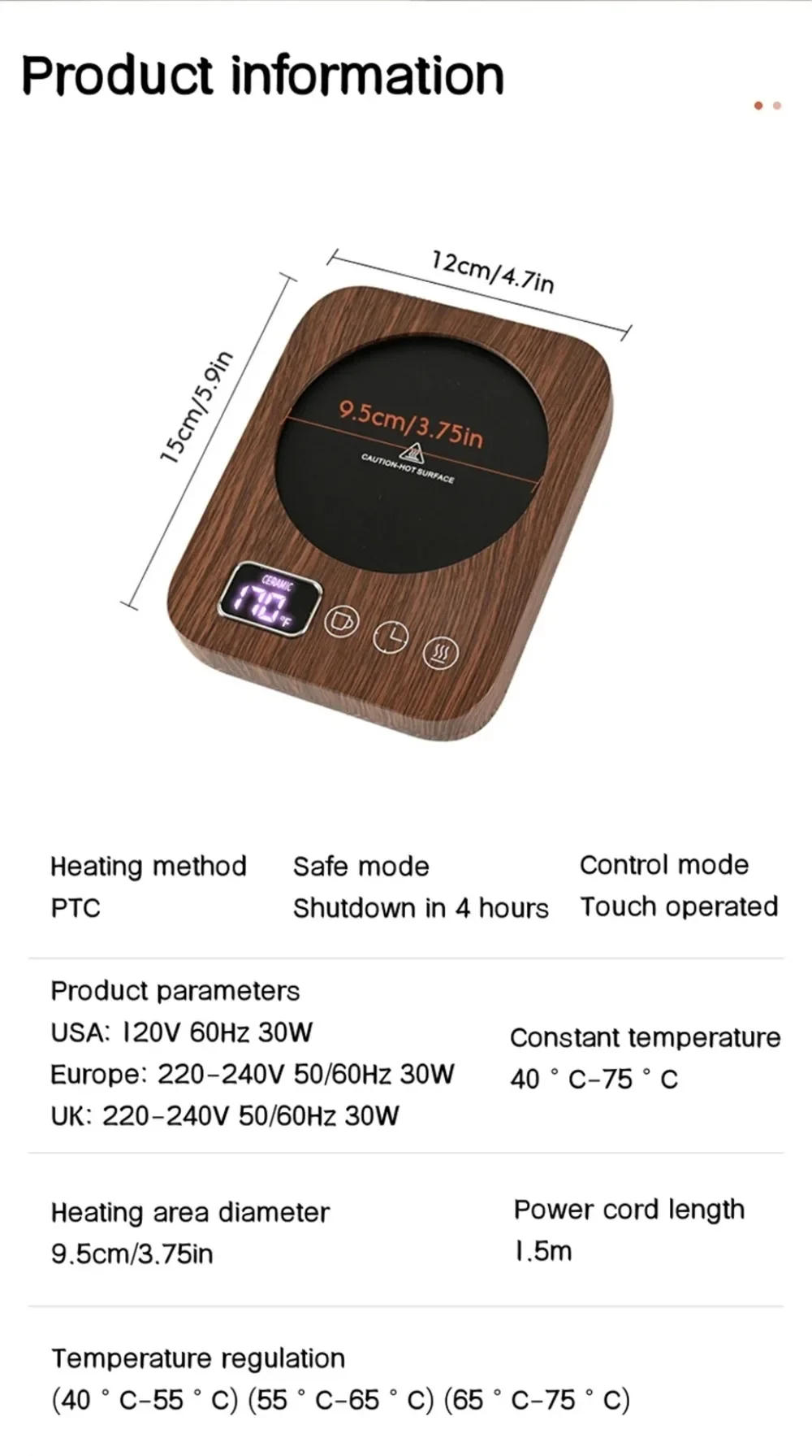 Description Picture 4 of item220V/110V Mug Warmer Milk Heating Pad Coffee Cup Coasters Smart Electric Beverage Warmer Insulat 3 Gear Adjustable Office Home