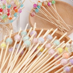 100pcs 12cm Colorful Bead Bamboo Fruit Sticks Fruit Salad Snack Fork Cocktail Decor Cake Buffet Toothpick Wedding Party Supplies