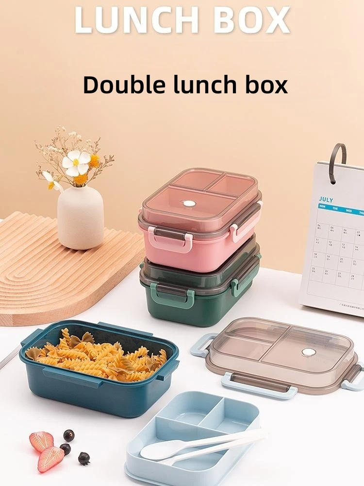 Description Picture 2 of itemPortable Sealed Lunch Box 2Tier Lattice Microwave Available Heating Student Office Staff Fruit Food Containers with Forks Spoons