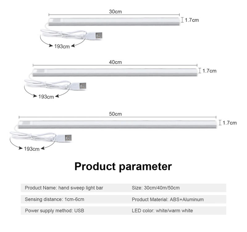 Description Picture 4 of item30/40/50CM USB Lamp 5V Aluminum LED Bar Light Rigid Tube Lamp Hidden Hand Wave Sweep Sensor Switch Kitchen Cabinet Lighting 