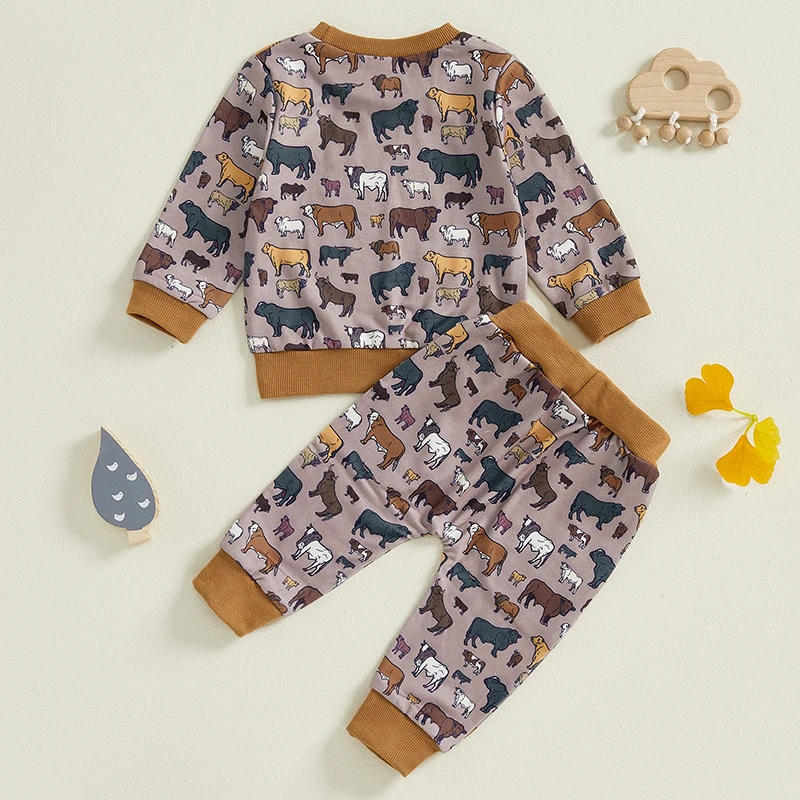 Description Picture 3 of itemToddler Boy Pants Set Cattle Print Long Sleeve Sweatshirt Drawstring Pocket Long Pants Outfits