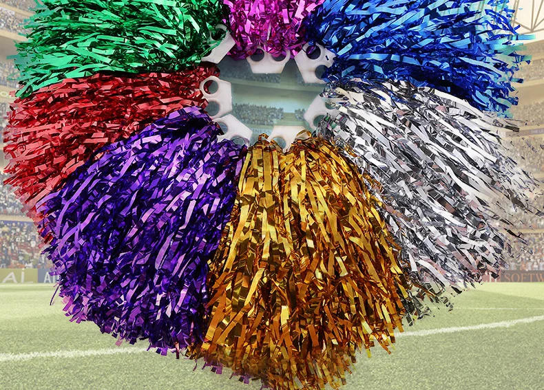 Description Picture 3 of itemCheerleading Pom Poms with Handle Cheer Balls Gold Silver Pink Red Green Blue for Hand Dance Women Girl Kids Pompoms Accessories