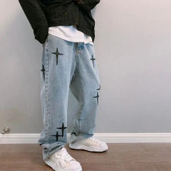 Fashion Casual Jeans For Men Autumn National Tide High Street Cross Stick Fabric Loose Straight Leg Broadtie Cow Ins Long Pants