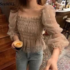Vintage Puff Sleeve Tops Women Elegant Korean Fashion Long Sleeve Chiffon Shirt Sexy Off Shoulder Y2k Ruffles Corset Top Blouses