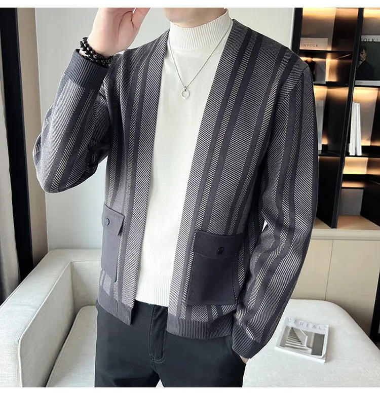 Description Picture 6 of itemMen Cardigans Striped Color-matching Knitted Jackets Winter Warm V-neck Sweater Full-Sleeve Cardigan Jacket Slim Casual Knitwear