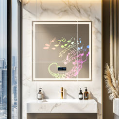 Wisfor LED Lighted Bathroom Mirror 32 Inch Square Lighted Bluetooth Speaker Dimmable Wall Vanity Mirror Temperature Time Display