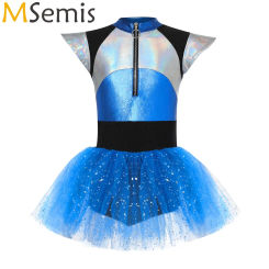 Kids Girls Cheerleading Uniform School Girls Cheer Dance Dress Short Sleeve Shiny Spangles Tutu Dress Bodysuit Alien Costume