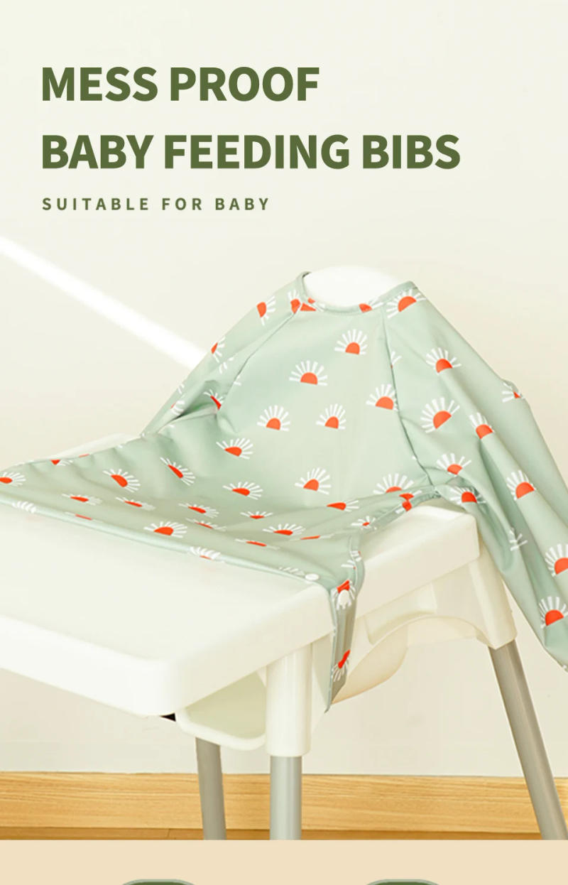 Description Picture 2 of itemHappyFlute New One Piece Table Use Polyester Waterproof New Printed Snap Buttons Design Long Sleeve Mess Proof Baby Feeding Bibs