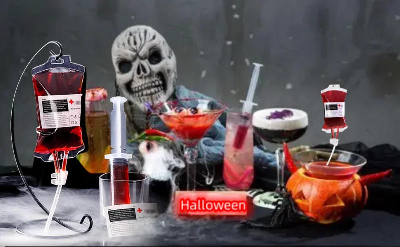 Description Picture 2 of itemEmpty Blood Bags Drinks for Halloween Zombie Vampire Costume Props Nurse Graduation Theme Party Favors Drink Pouches 10/20 PCS