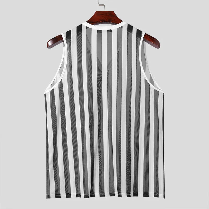 Description Picture 4 of itemINCERUN Men Tank Tops Striped Mesh Transparent Sexy V Neck Sleeveless Button Vests Streetwear Summer 2024 Fashion Men Clothing
