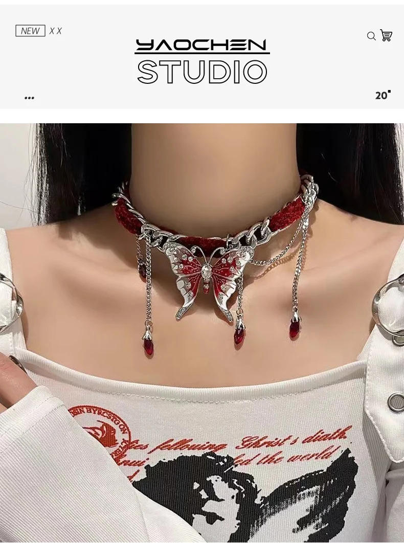 Description Picture 5 of itemNew Chinese niche personality exaggerated red velvet butterfly fringed necklace neck chain choker collarbone chain jewelry women