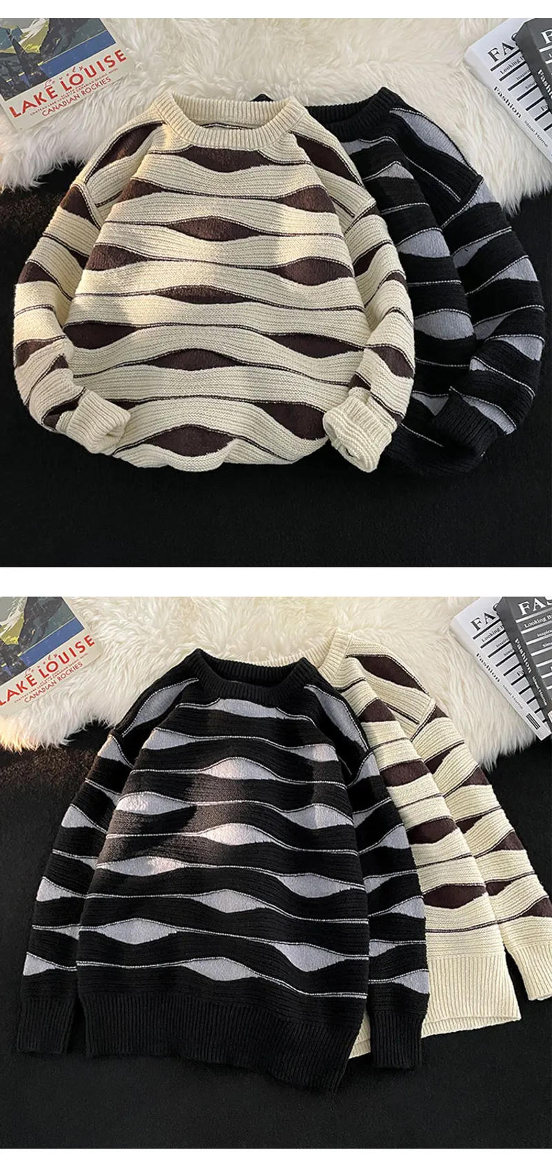 Description Picture 4 of item2024 Autumn Winter New Men Stripe Long Sleeve Jumpers Men's Fashion O-neck Sweater Tops Male Casual Warm Knitted Tops S268