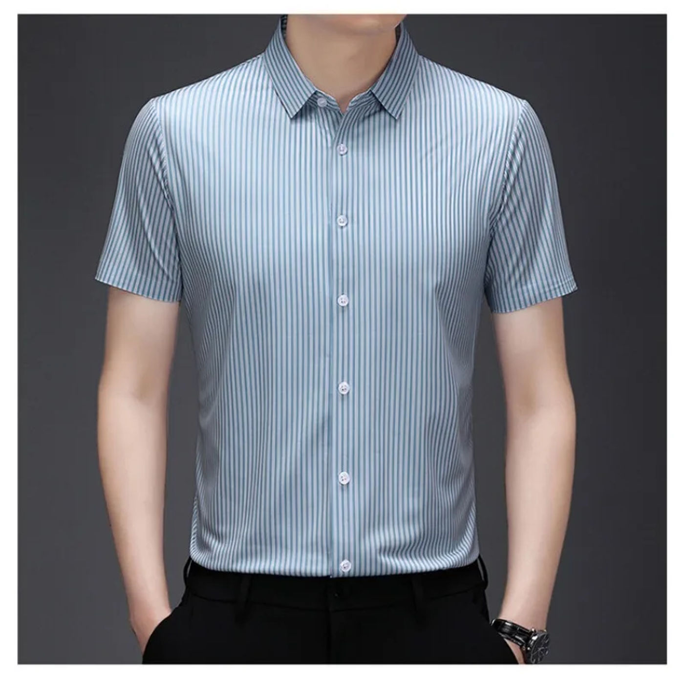 Description Picture 4 of itemHigh Quality 2024 Summer New Men's Lapel Casual Striped Loose Short Sleeved T-shirt Men Clothing
