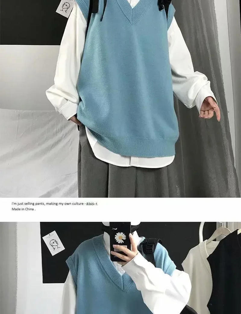 Description Picture 6 of itemAutumn Men's Simple Knitted Vest Top Preppy Style Loose Fit Sweater Vest Thin Material Casual Scene V-neck Collar